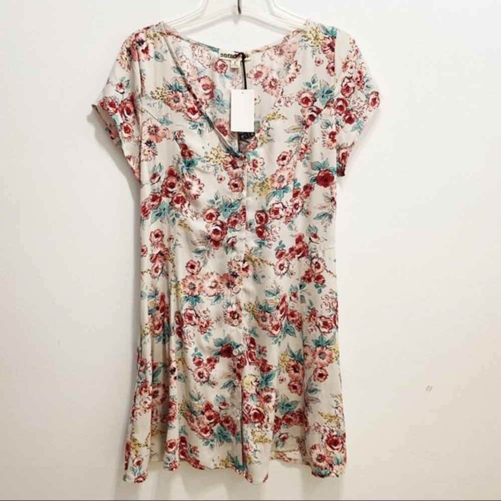 S.o.r.a.d. NWT Women's Floral Tie Back Button Front Short Sleeve Dress L